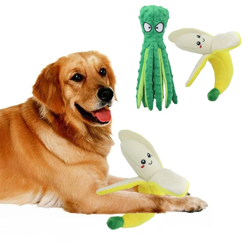 

2 PCS Squeaky Dog Toys - Plush And Squeak Chew Toys Puppy And Pet Toys Octopus + Banana Suit Squeaky Dog Toy