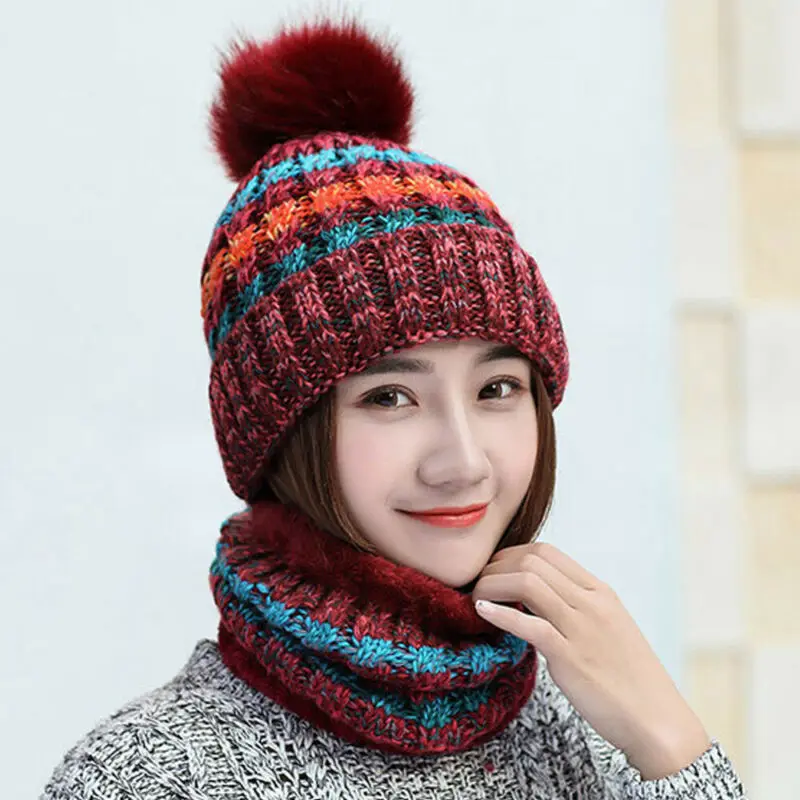 

Women Warm Women Wooly Thick Knit Hat And Scarf Set Woollen Winter Ski Caps