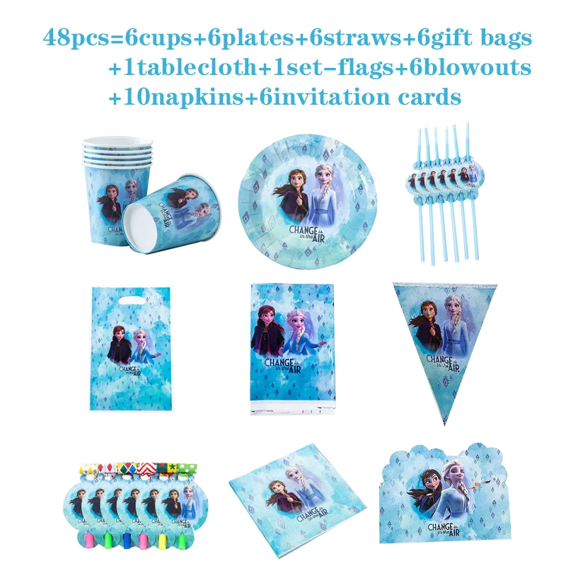 

Disney Blue Frozen Princess Elsa Anna Happy Birthday Party Decorations Cup Plate Girls Kids Baby Shower Disposable Tableware Set