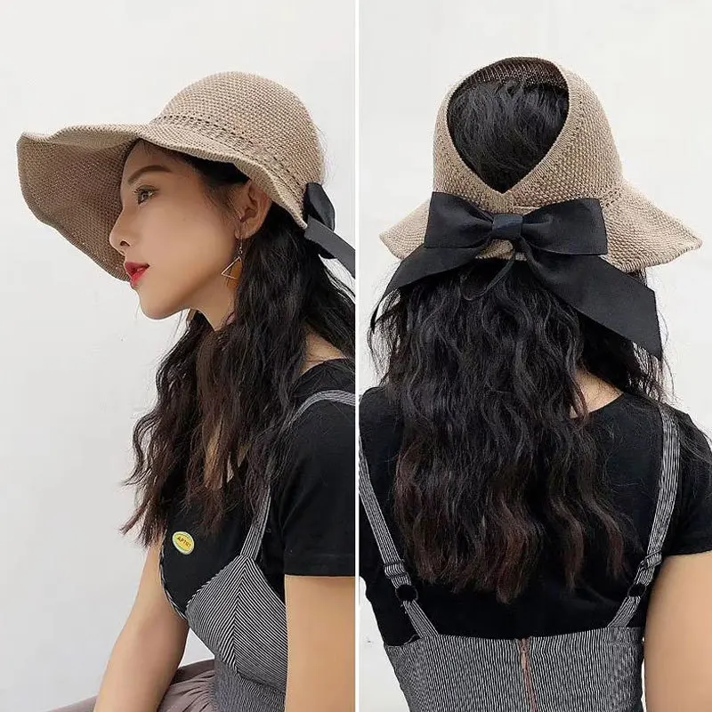 

Women's Beach Big Brim Bow Hat For Female Seaside Travel Outdoor Hat Sun UV Protection Korean Summer Foldable Visor Cap Gorros