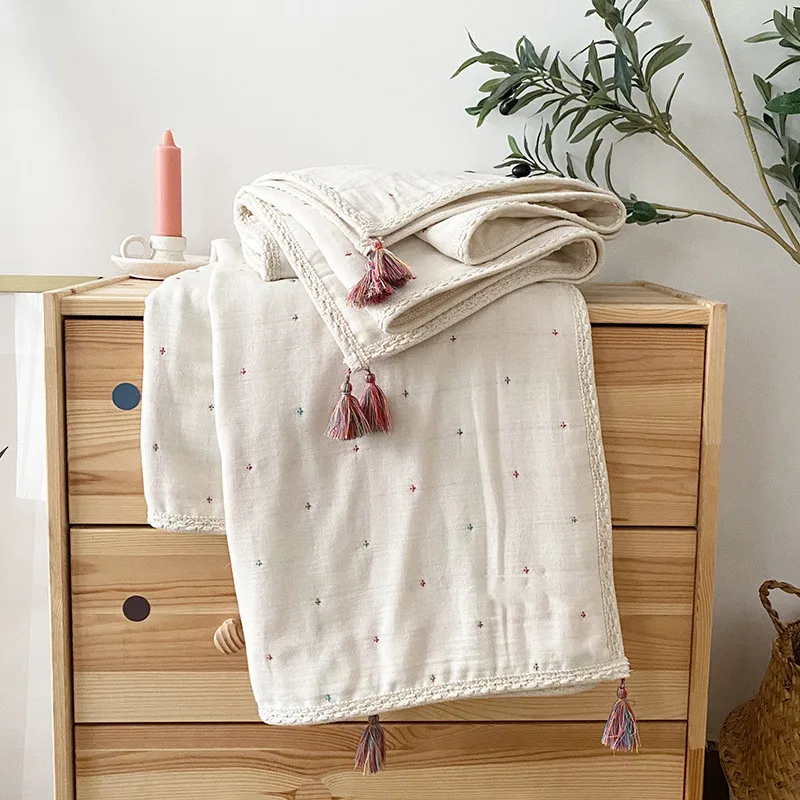 

Bohemian Baby Swaddling Blanket 6-Layer Muslin Cotton Gauze Tassels Newborn Swaddle Wrap Kids Baby Bedding Cot Crib Quilt