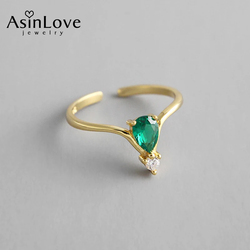 

AsinLove Adjustable 18K Gold Green Zirconia Ring Handmade Designer Elegant Real 925 Sterling Silver Rings for Women Fine Jewelry