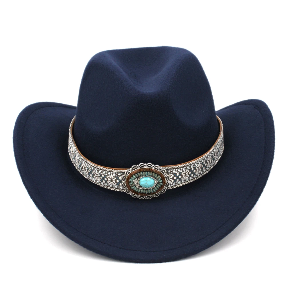 

Munng Men Women Wool Blend Upturn Wide Brim Western Cowboy Hat Cowgirl Cap Cotton Weave Accessories Belt