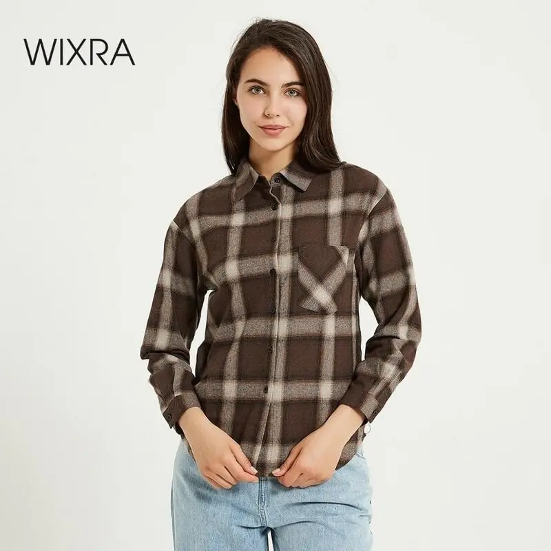 Женская блузка с отложным воротником Wixra свободная повседневная рубашка в клетку