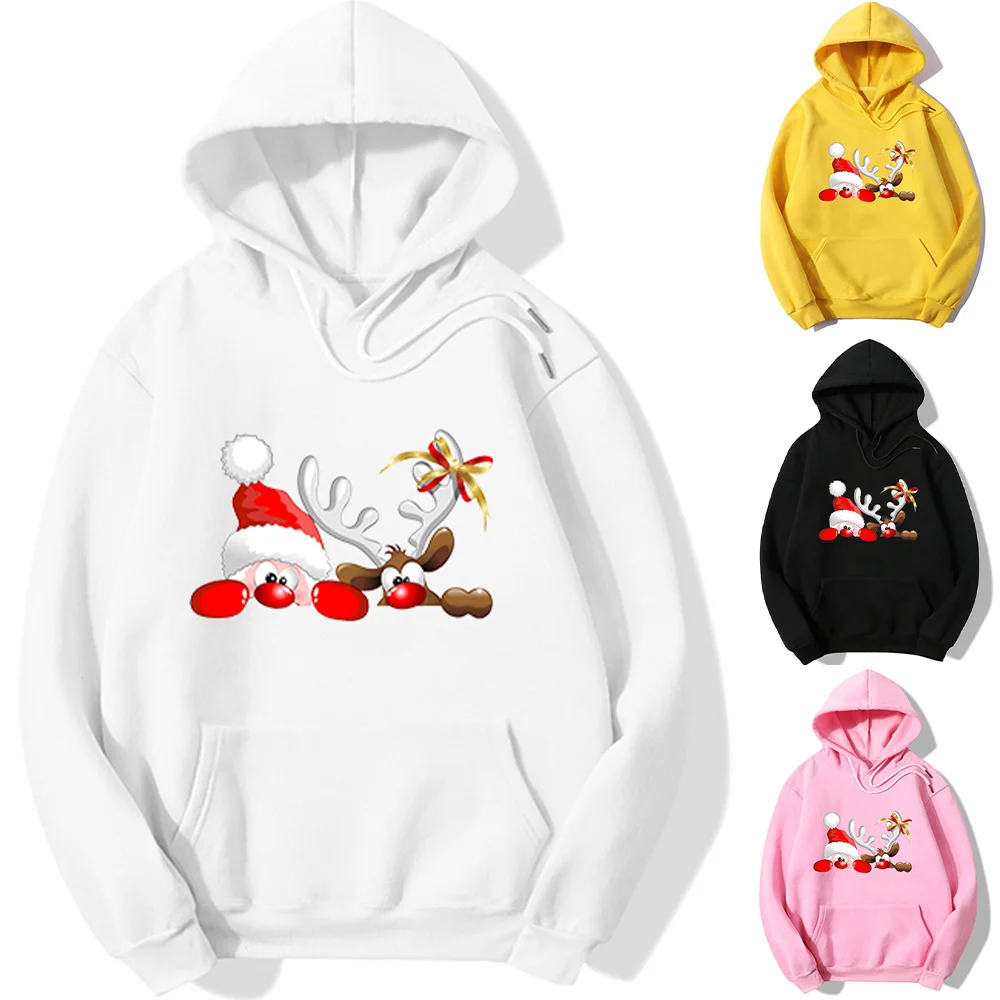 

Women Hoodies Cartoon Santa Claus and Elk Printed Casual Baggy Pullover Tops Long Sleeve Hooded Big Pocket Xmas Hoodies Female