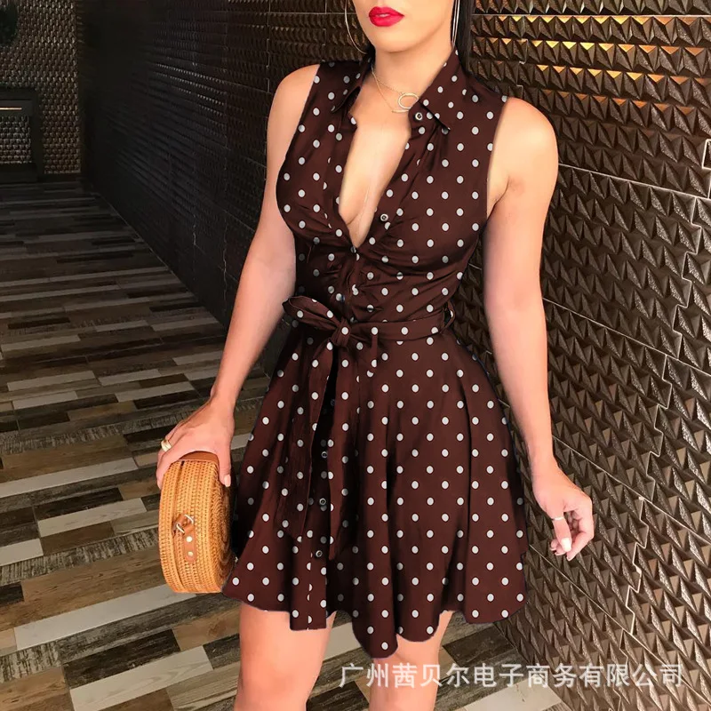 

WEPBEL Women New Mini Dress Sleeveless Deep V Dress High Waist Casaul Summer Sexy Dot Floral Flower