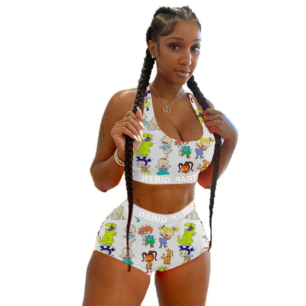 Женский спортивный костюм из 2 предметов без рукавов с принтом летний двух