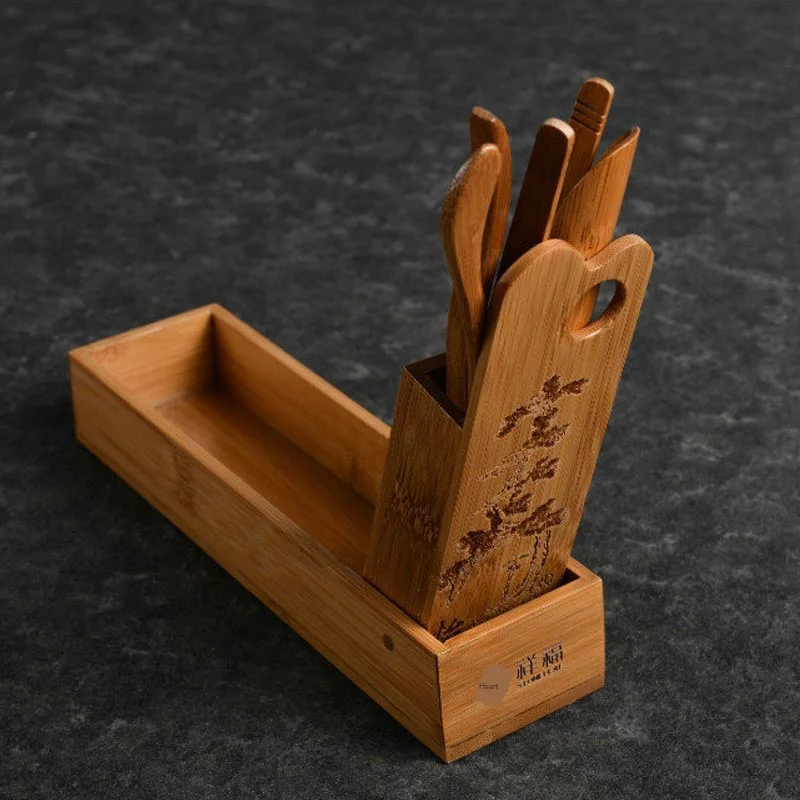 Tang Feng Song Yun-abrazadera de t&eacute; de bamb&uacute; para seis Caballeros, cuchara de t&eacute; para Ceremonia de t&eacute;, Accesorios para Juego de t&eacute; de Kung Fu, Siteel-2