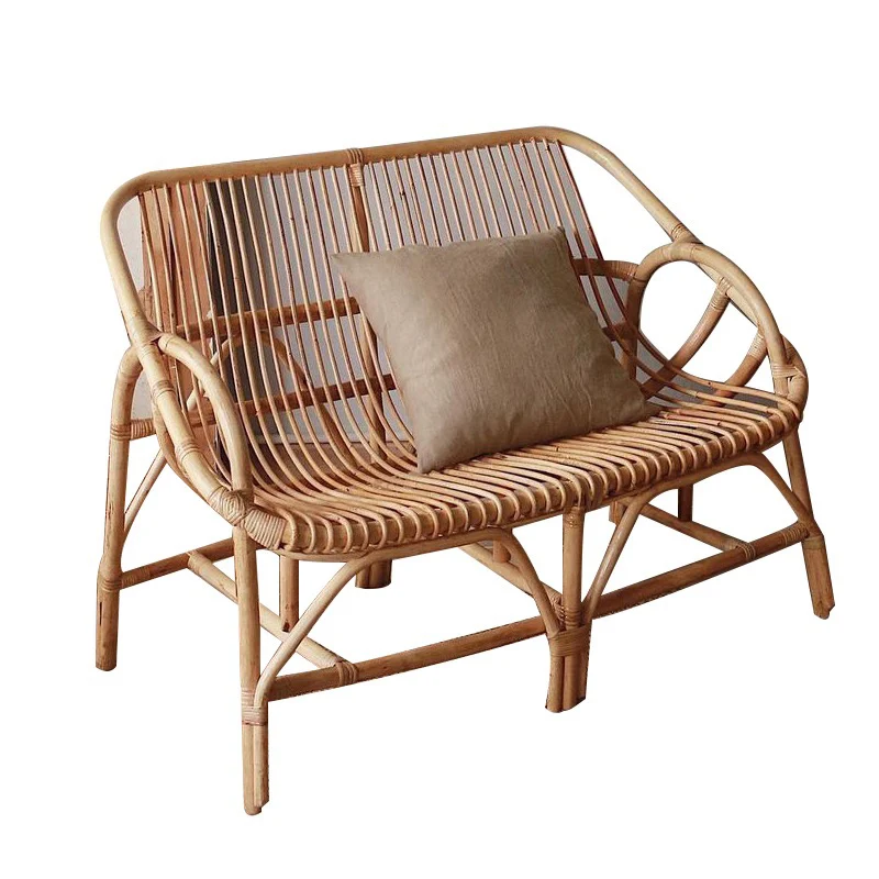 

zq Retro Rattan Woven Double Sofa Chair Ins Indoor Small Sofa Real Rattan Woven Rattan Chair