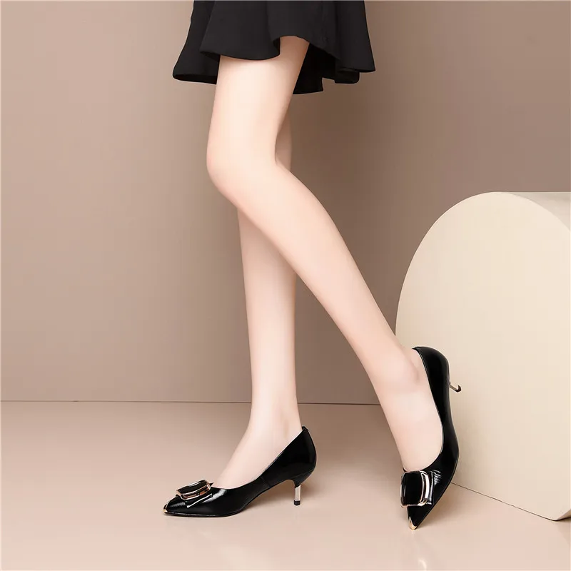 

CONASCO 2020 Fashion Classic Design Woman Pumps Genuine Leather Spring Casual Shallow Metal Decoration Thin Heels Shoes Women