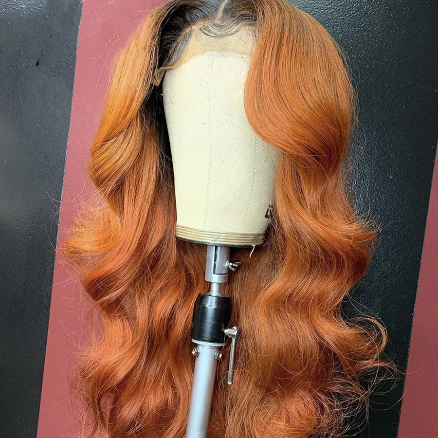 

24 Inches Long Natural Wave Ombre Black Orange Lace Frontal Wig Bazilian Human Remy Hair Lace Wigs With Natural Hairline
