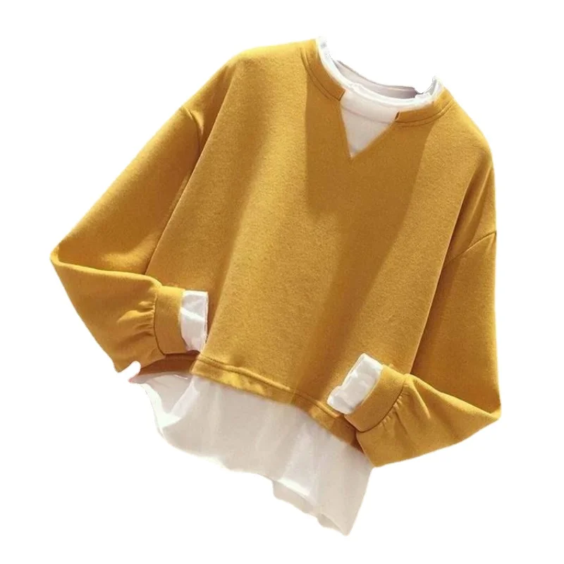 

Women's Fashion In Sweater Ins Autumn Korean Style Loose Pullover Splicing Pure Color O-neck Top Sweet Ladies Clothes