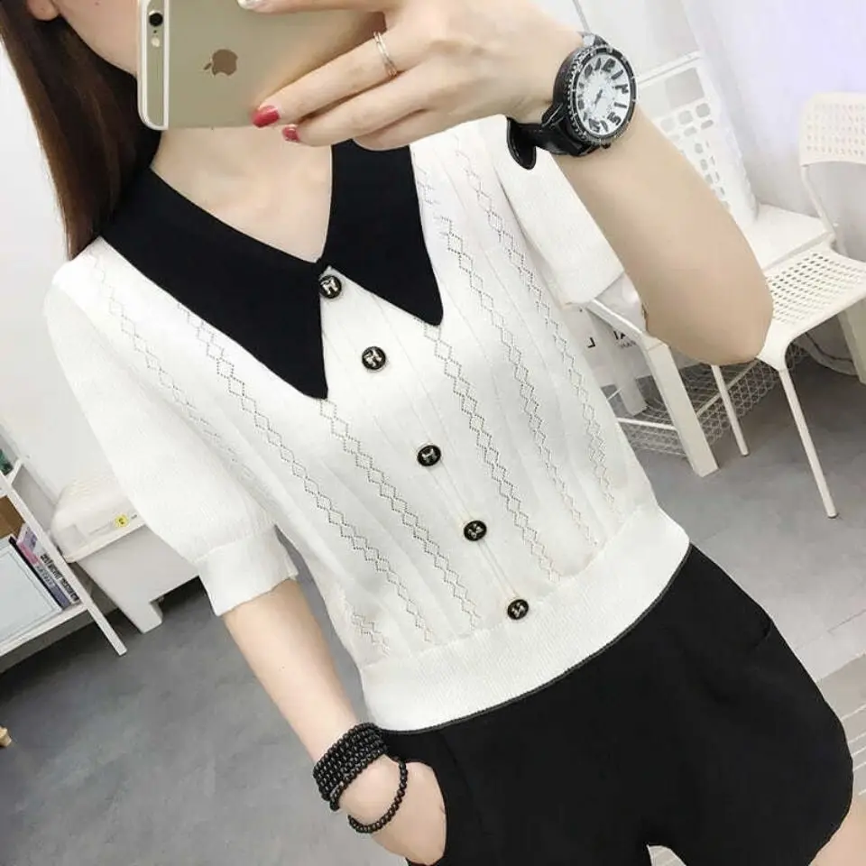 

Short square collar bubble sleeve high waist coat sleeve summer new hollow half sleeve sweater short sleeve T-shirt women