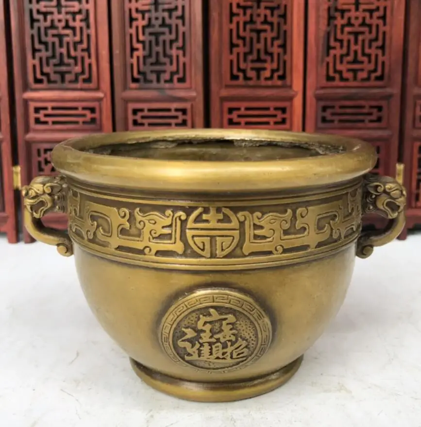 

Китайская латунная архаизовая статуя цилиндра с головкой зверя