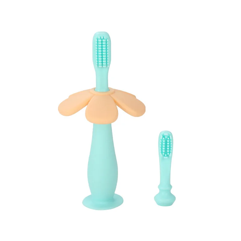Cepillos de dientes de silicona con dise&ntilde;o de flor de dibujos animados para beb&eacute;, cepillo de dientes de silicona para prevenir la boca profunda, suministros de limpieza bucal para ni&ntilde;os-1