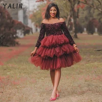 yalin sequined burgundy long sleeves prom dresses knee lenght cocktail gowns tiered tulle party dress formal robe de soiree