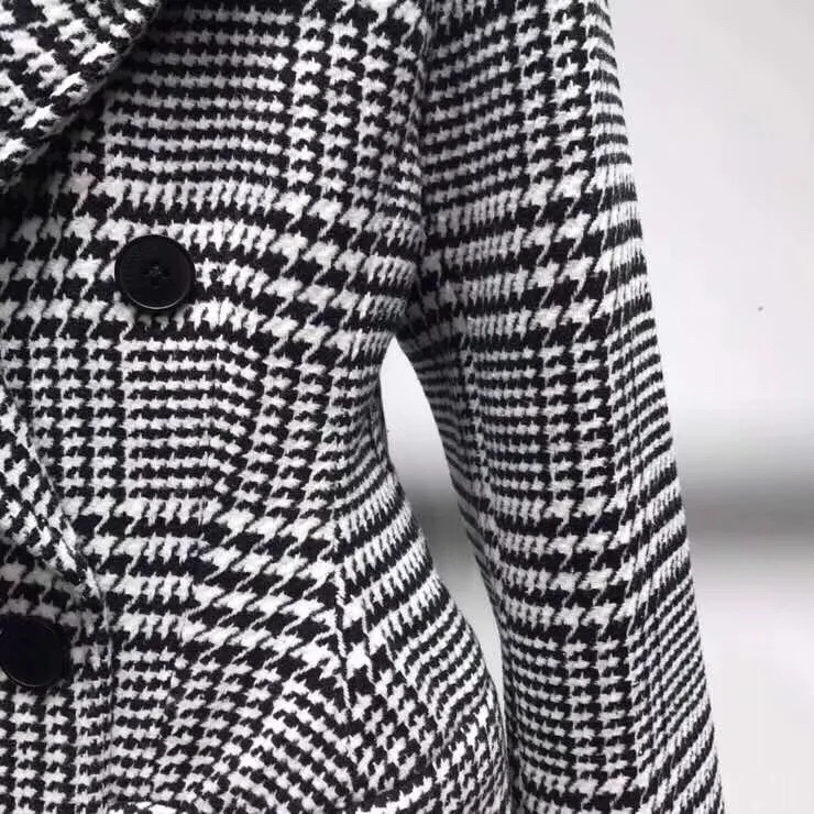 

Woolen Suit Coat Plaid Double Breasted Blazer Women Pockets Slim Full Sleeve Turn Down Collar Suit Houndstooth blazer femme