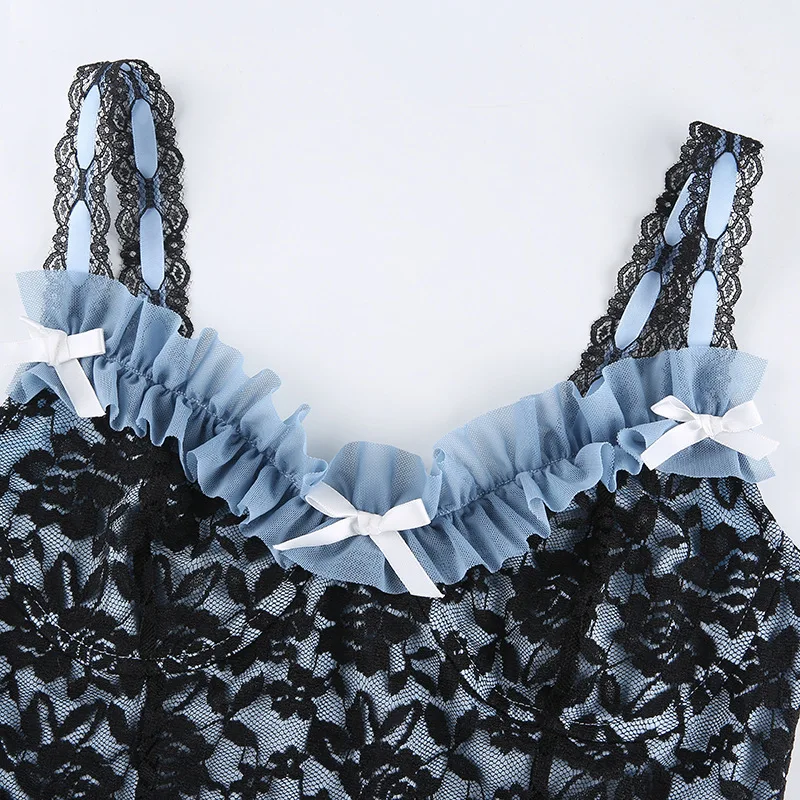 

Sexy Outdoor Women Strap Camis 2021 Summer Lady Short-length Blue Mesh Patchwork Lace Bow Gothic Hipster Camisole Ruffles Top