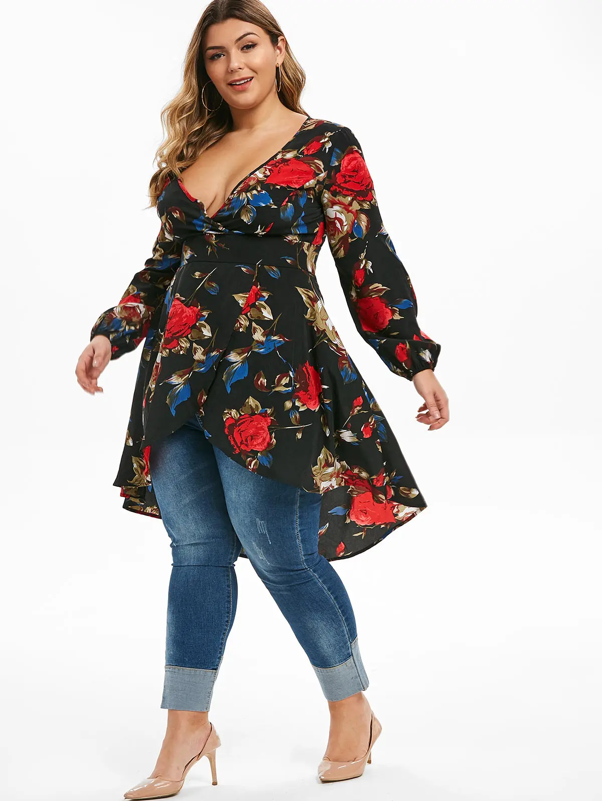 ROSEGAL Plus Size Surplice Flower Print Asymmetric Long Sleeve Blouse Plunging Neck Women Sexy HIgh Waist Vintage Shirts 2019 | Женская