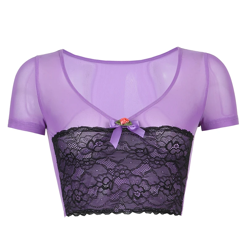 

Purple and Black Lace Sexy Transparent Crop Top V Neck Mesh Shirt Short Sleeve T Shirt Women Y2k Aesthetic Fashion Accessories