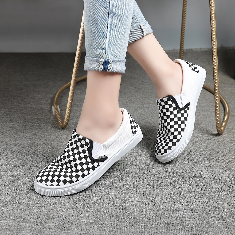 

Getyoursave 2021 Summer Women Sneakers Canvas Flats Shoes Checkerboard Casual Slip-on Vulcanized Sneakers Walking Sports Female