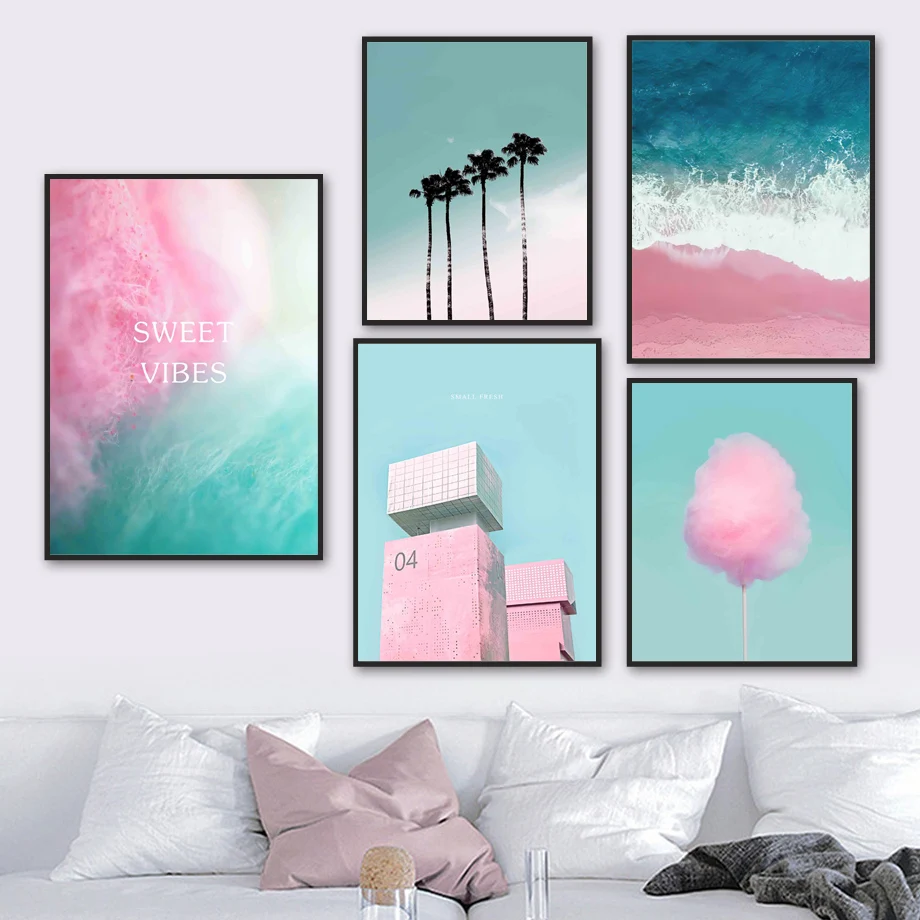 

Sea Beach Wave Palm Marshmallow Building Wall Art Canvas Painting Nordic Posters And Prints Wall Pictures For Living Room Decor