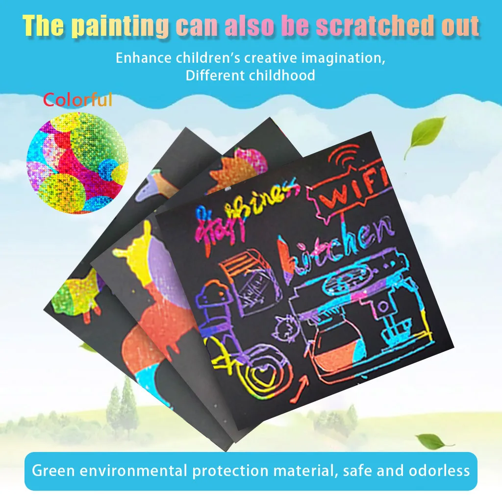 Scratch Notes Set Doodle Art With 100 Holographic Rainbow Paper 2 Stylus Stencils Magic montessori toys | Игрушки и хобби
