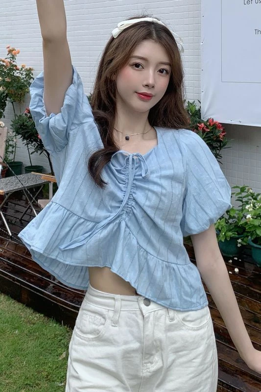 

Plus Size Ruffled Chiffon Shirt for Women Square Collar Slimming Drawstring Blouses Female Fashionable Short Sleeve Top
