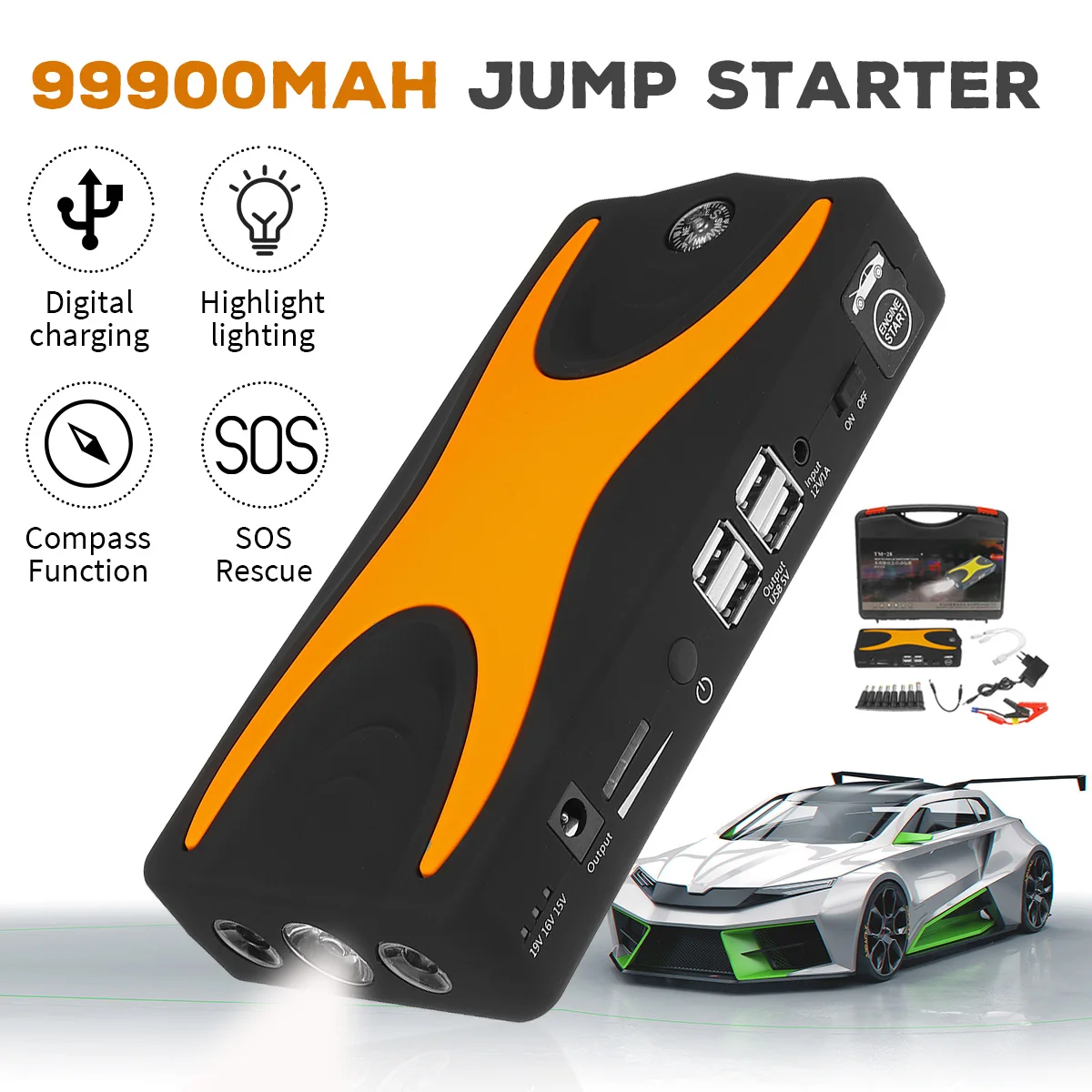 Многофункциональный автомобильный стартер 99900mAh 15V 4USB 900A Портативный