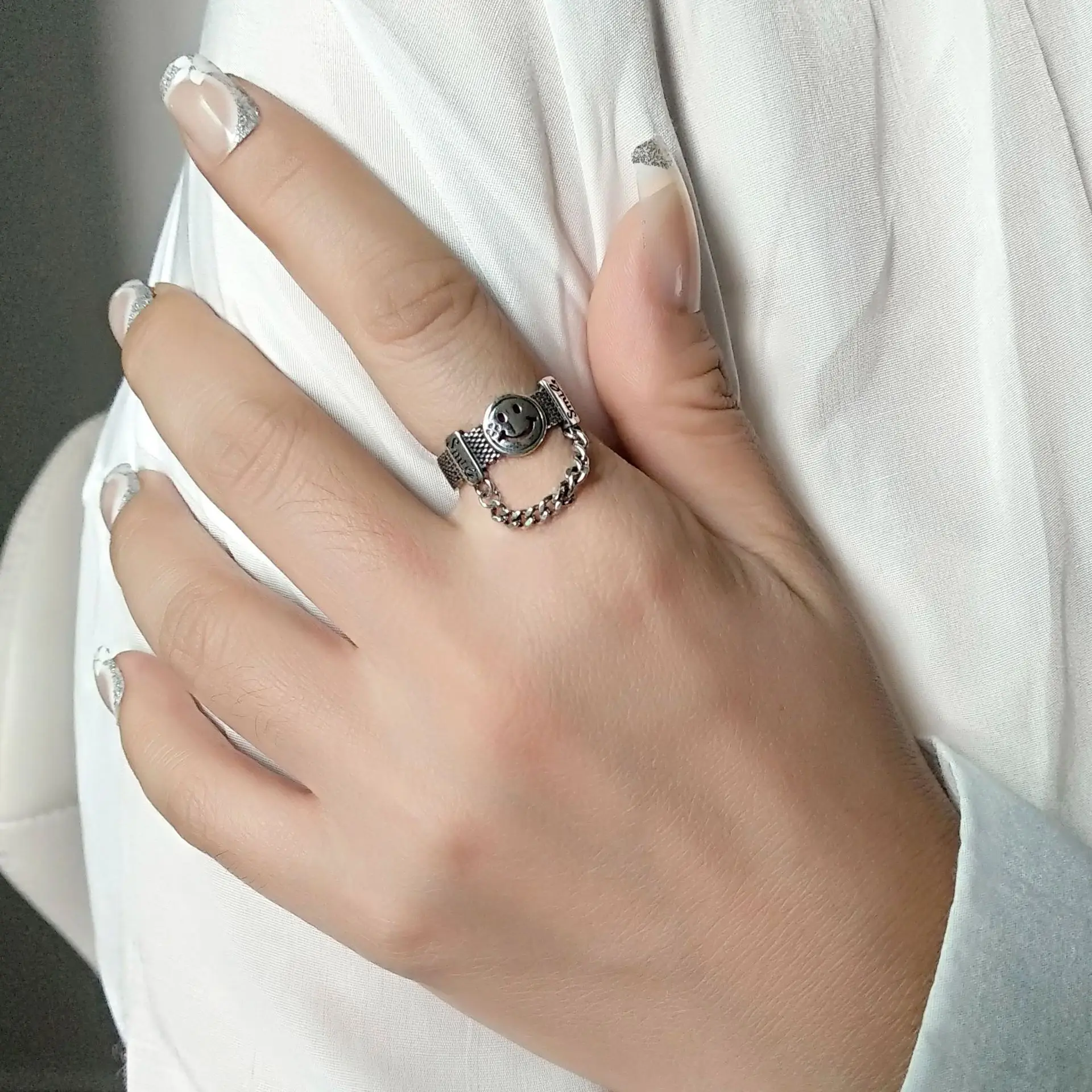 

925 Silver Women's Ring Retro Smiley Ring Simple Hip Hop Chain Jewelry Women's Party Ring Couple Jewelry Adjustable