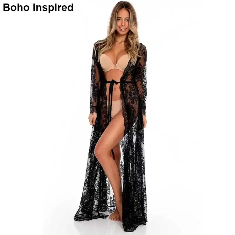Богемный Вдохновленный Кружева Макси Туника Платье для пляжа сексуальное бикини