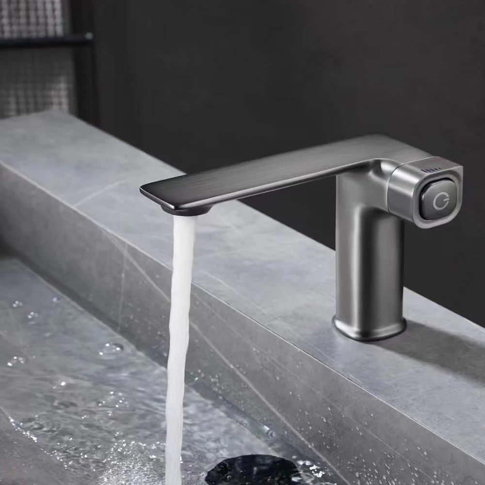 

Bathroom basin faucet polished full brass mixer water cold & hot control temperature button suitable for hotel and shopping mall