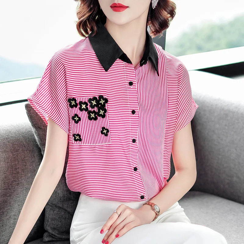 

Chiffon Loose Women's Blouse New Fashion Blouses Stripe Polo Collar Shirts Casual Short Sleeve Blusas Summer Houthion