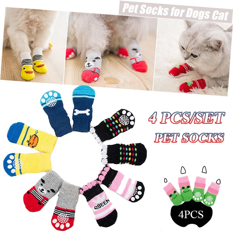 S Cute Cartoon Anti Slip Skid Pet Shoes Socks 4pcs Soft Brea
