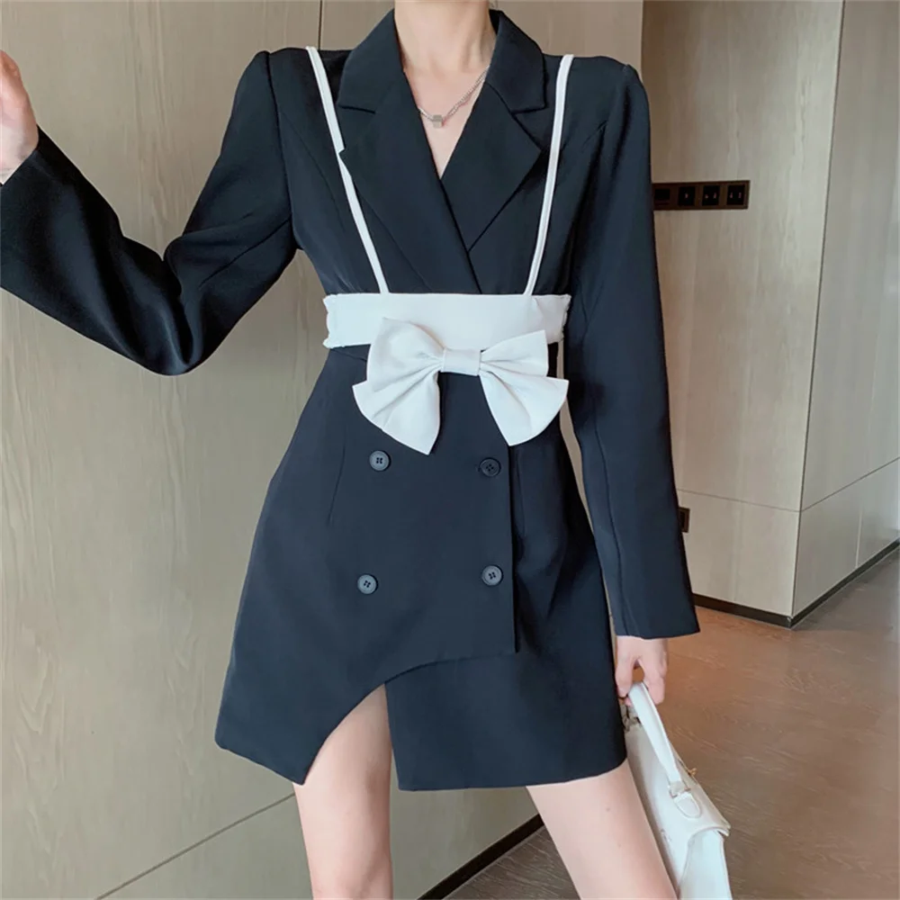 

Alien Kitty Vintage Slim Women Blazer Mini Dress 2021 OL Casual Office Lady Autumn Chic Bow Tank Tops Two Piece Sets