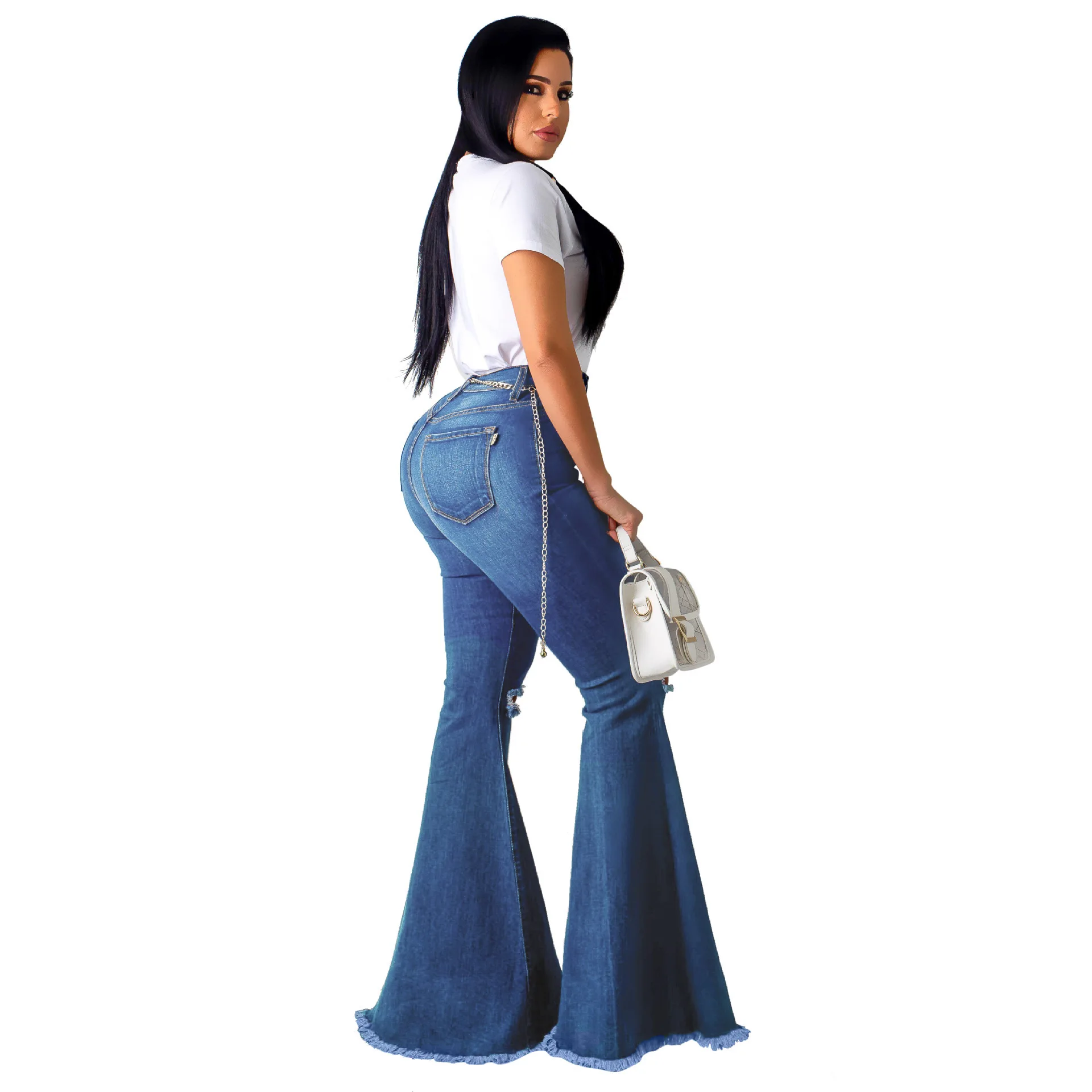 

Hole Retro Denim Pant Woman Vintage High Waist Jeans European Style Woman Trouser