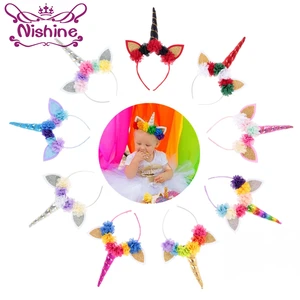 Детские вечерние ободки ручной работы Nishine, золотистыеСеребристые ободки в виде рога единорога, повязка на голову с цветами для девочек, аксессуары для волос на день рождения