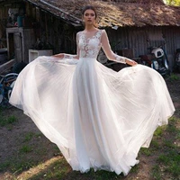 wedding dress boho 2021 a line tulle lace appliqued long sleeve beach bridal dress bohemian wedding gowns vestidos