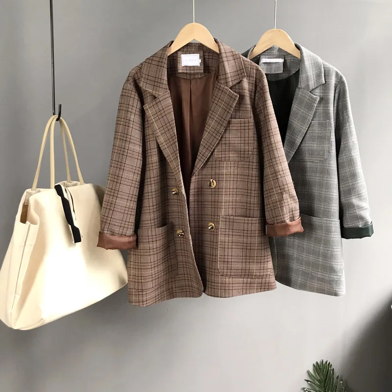 

Autumn Vintage Plaid Women Blazer Coats Casual Double Breasted Chic Female Blazers Fashion Winter Long Sleeve Ladies Blazers