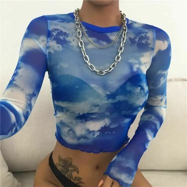 Sexy Fashion Women See-through Sheer Mesh Short Tops Long Sleeve Summer Blue Sky Printed Pullover Skinny Club Streetwear | Женская