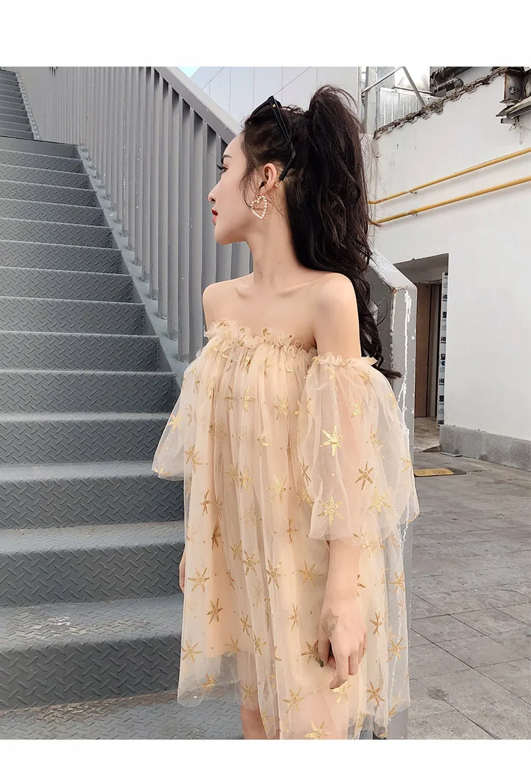 WHITNEY WANG 2020 Spring Summer Fashion Streetwear Sexy Strapless Stars Sequins Mesh Dress Women Night Club | Женская одежда