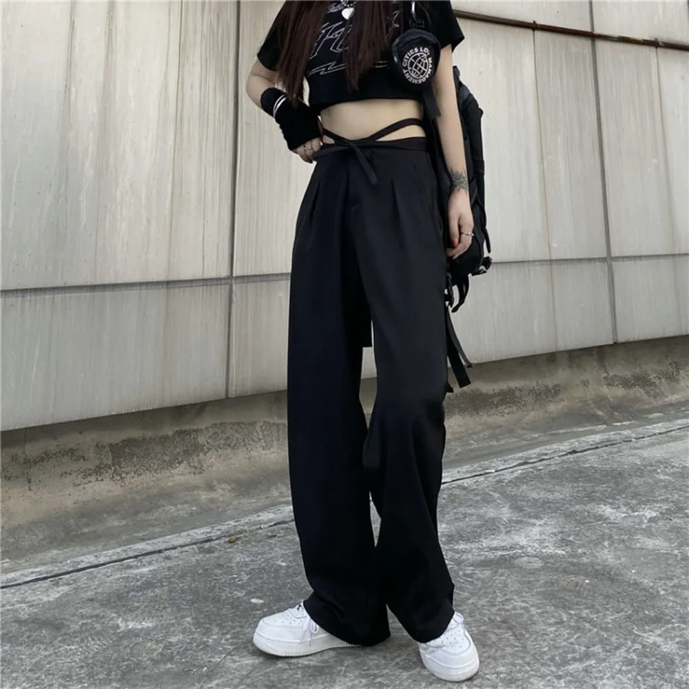 

Уличная одежда Shnsophi, женские брюки в стиле хип-хоп, готические черные эластичные длинные брюки с вырезами на талии и кулиской, повседневные свободные брюки