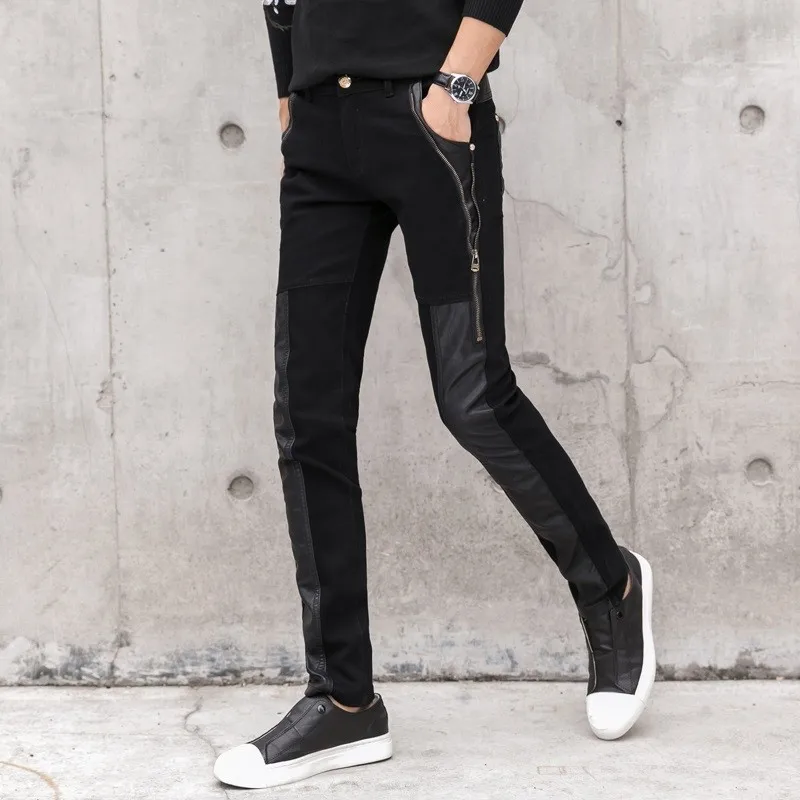 Брюки-Карандаш мужские из искусственной кожи модные облегающие брюки денима на