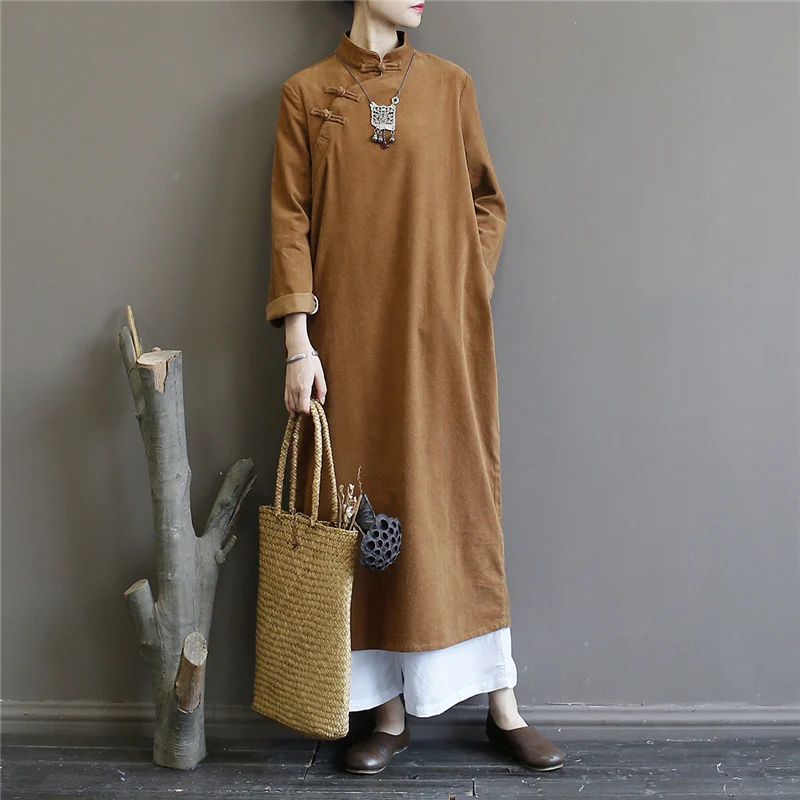 Женское вельветовое платье Johnature однотонное винтажное в китайском стиле с