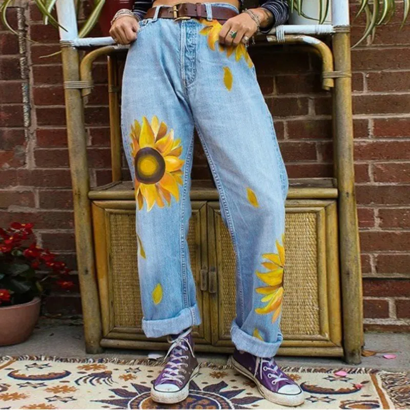 

Woman Sunflower Print Jeans Mid-waist Washed Straight Jean 2021 Women Plus Size Blue Black Street Aesthetic Pant Vintage Clothes