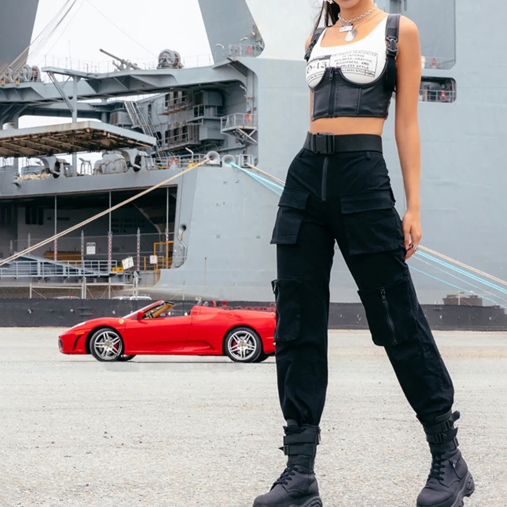 Брюки карго женские черные модные повседневные джоггеры с завышенной талией