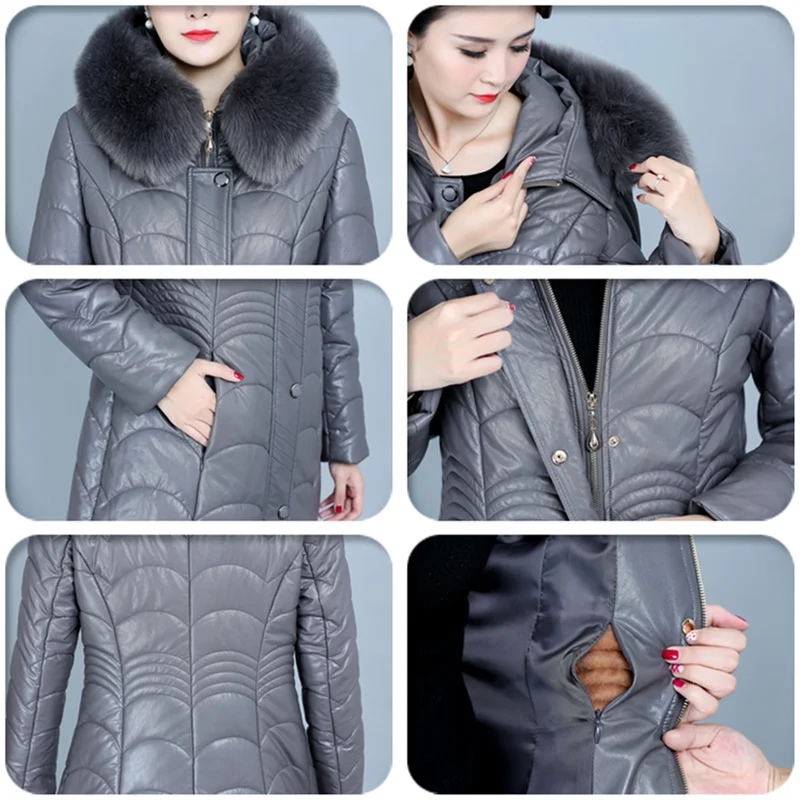 

Women Winter Leather Jacket Long Parkas 2020 High Quality Fur Collar Hooded Long Leather Coat Female Outerwear Plus Size 6XL