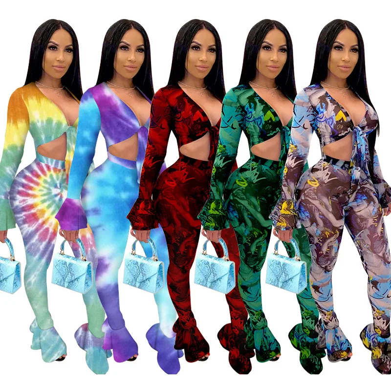 

Adogirl Sexy Women Mesh See Though Tie Dye Leaf Two Pieces Set Crop Top And Jogger Leggings Suit Tracksuits Beach Outfits