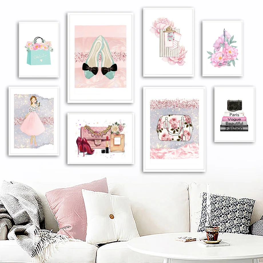 

Fashion Paris Bag Book High Heels Flower Wall Art Canvas Painting Nordic Posters And Prints Wall Pictures For Living Room Decor