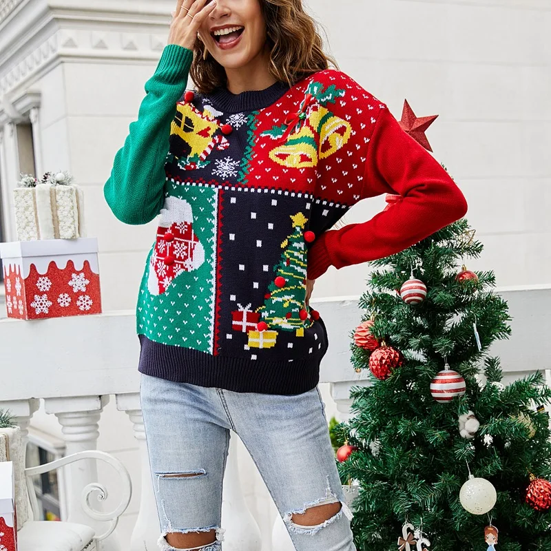 Ugly Christmas Sweater Autumn Casual Cartoon Pullover Sweater Knit Streetwear Oversized Pullover Blue